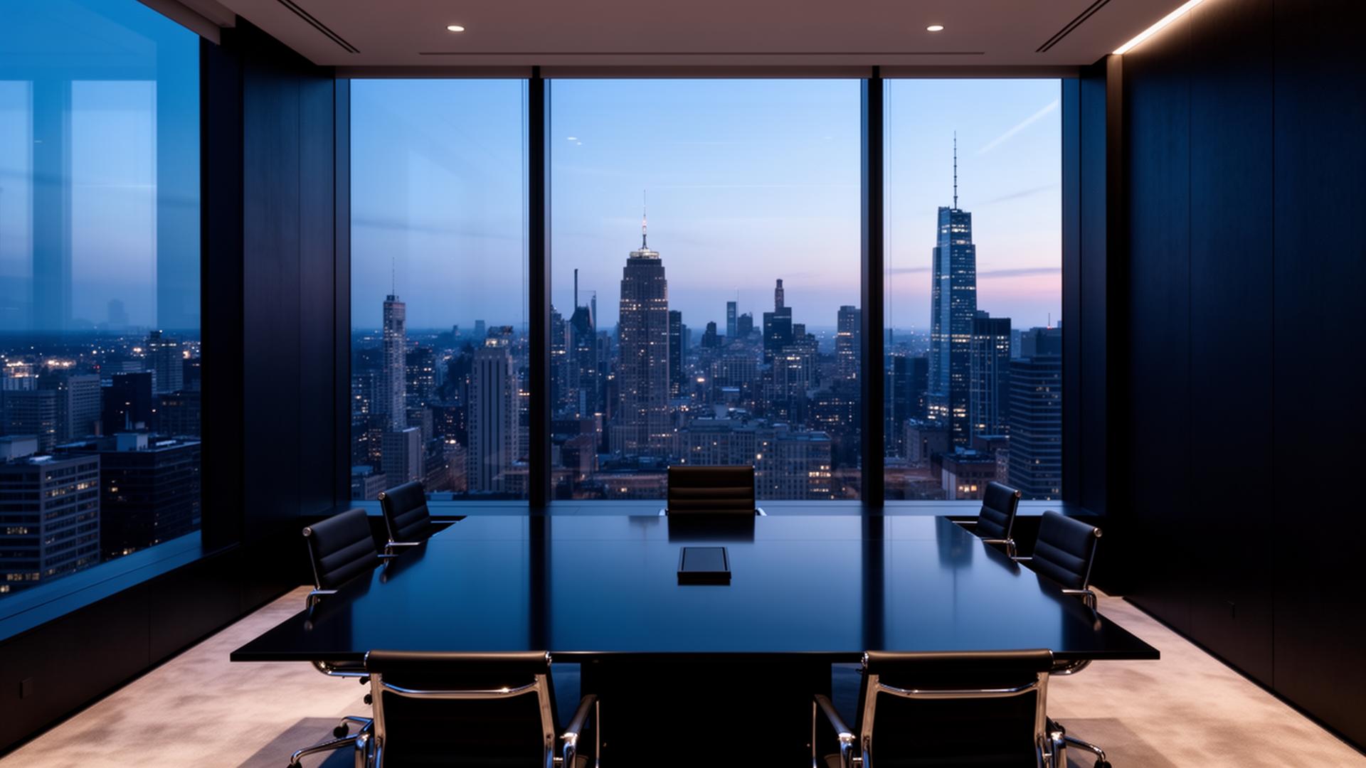 Modern corporate boardroom overlooking a city skyline